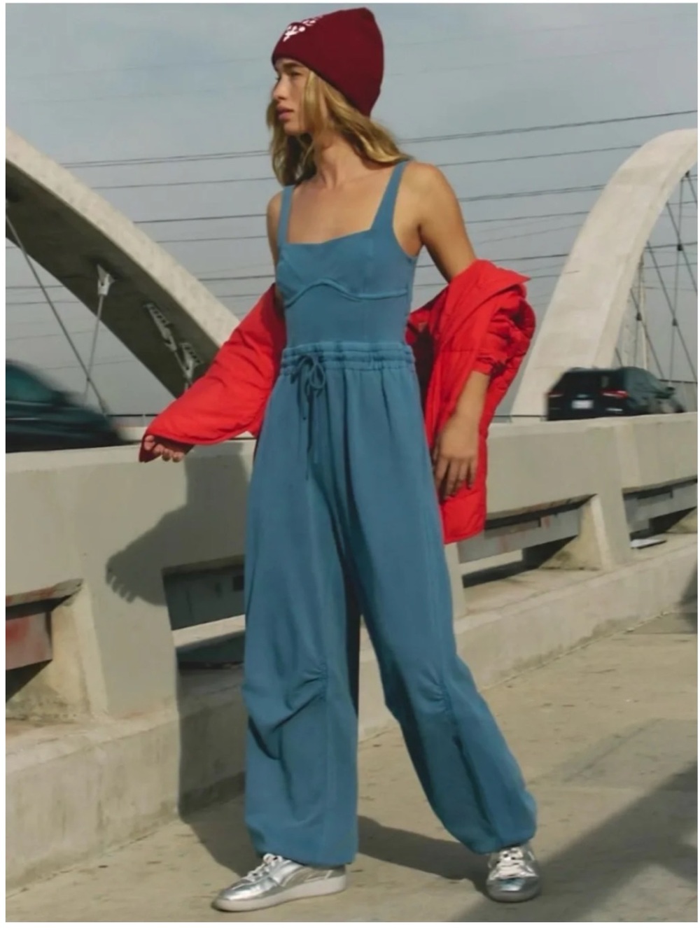 NWT Free People Inbound jumpsuit cinch waist stretchy XS Skyline Misty Blue